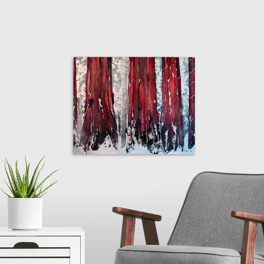 A modern room featuring Painting of a forest of tall sequoia trees in the winter.