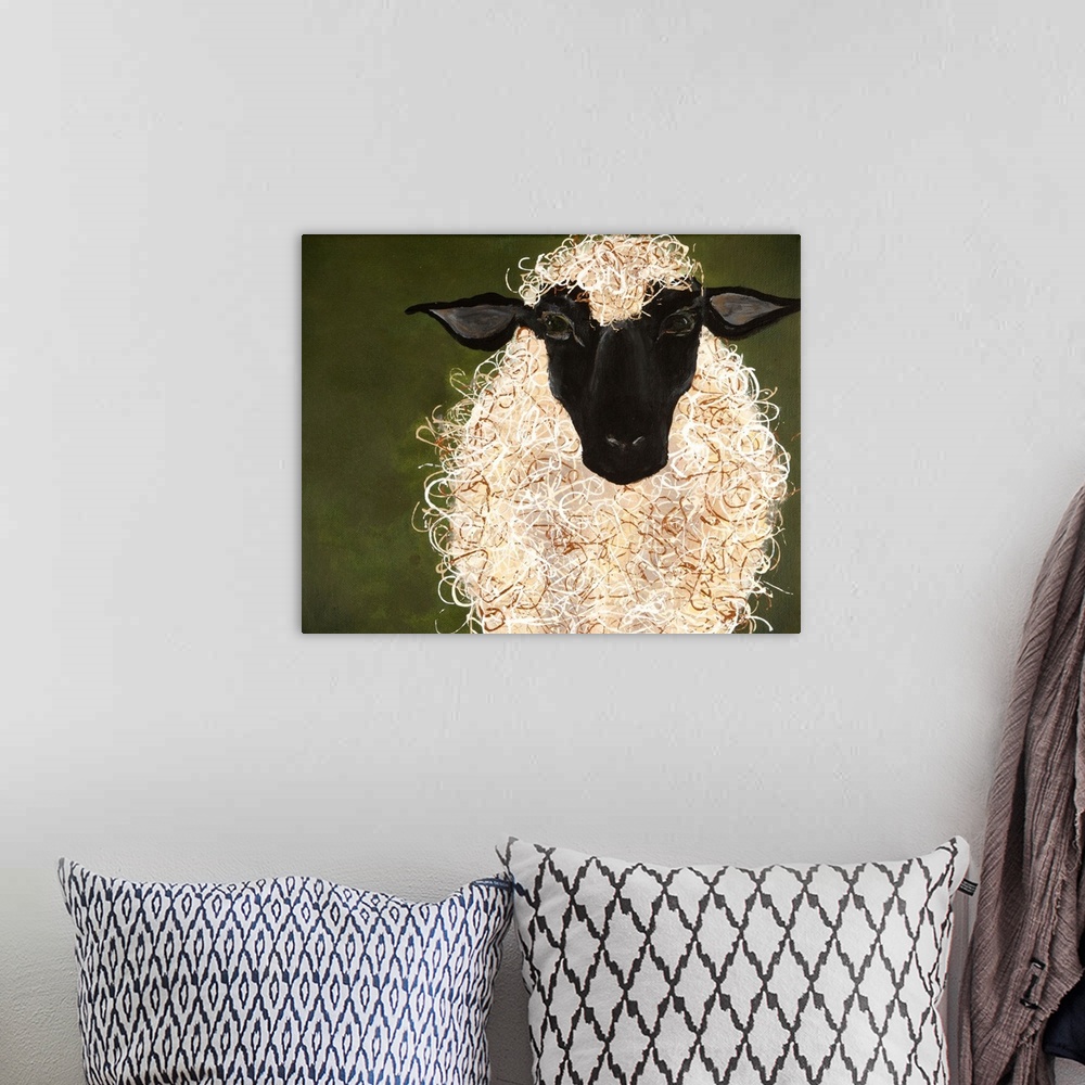 A bohemian room featuring Painting of a sheep with curly wool.