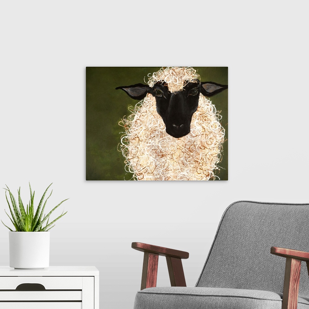 A modern room featuring Painting of a sheep with curly wool.