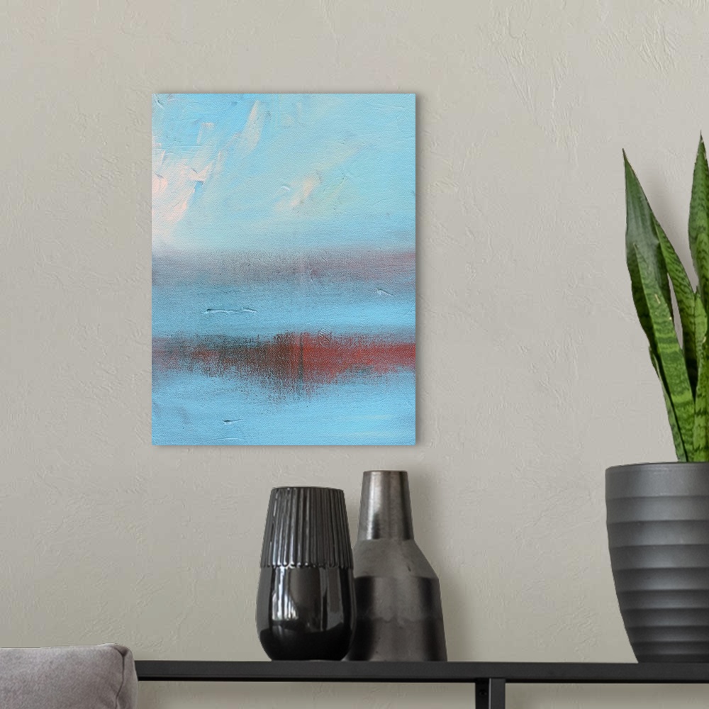 A modern room featuring Abstract painting in shades of red and blue, resembling clouds in the sky.
