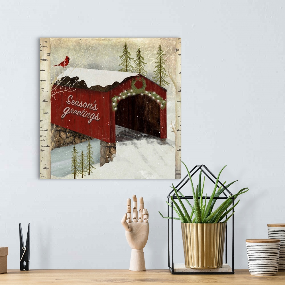 A bohemian room featuring Covered Bridge With Snow Christmas Seasonal