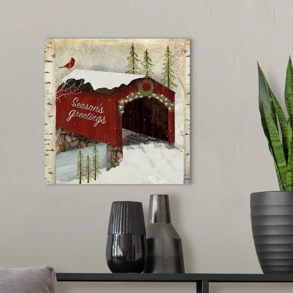 A modern room featuring Covered Bridge With Snow Christmas Seasonal