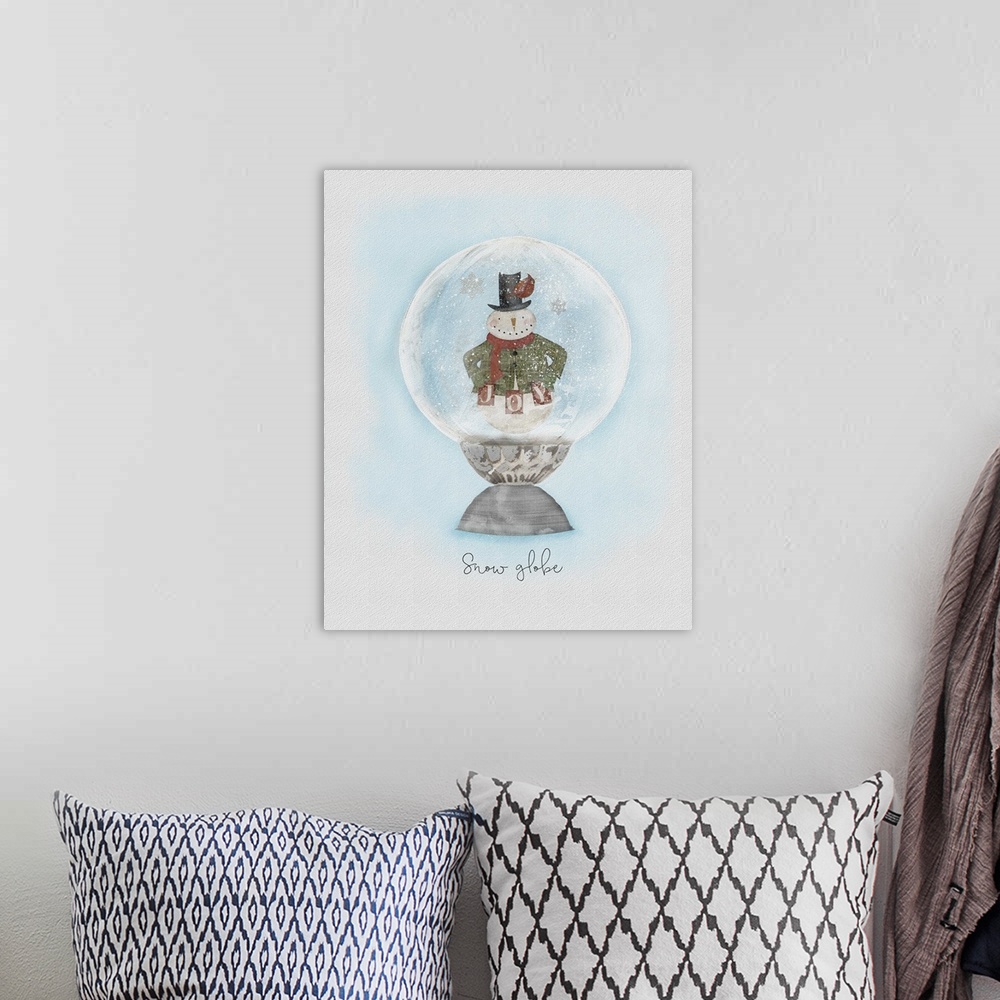 A bohemian room featuring Watercolor painting of a snowman inside a snow globe.