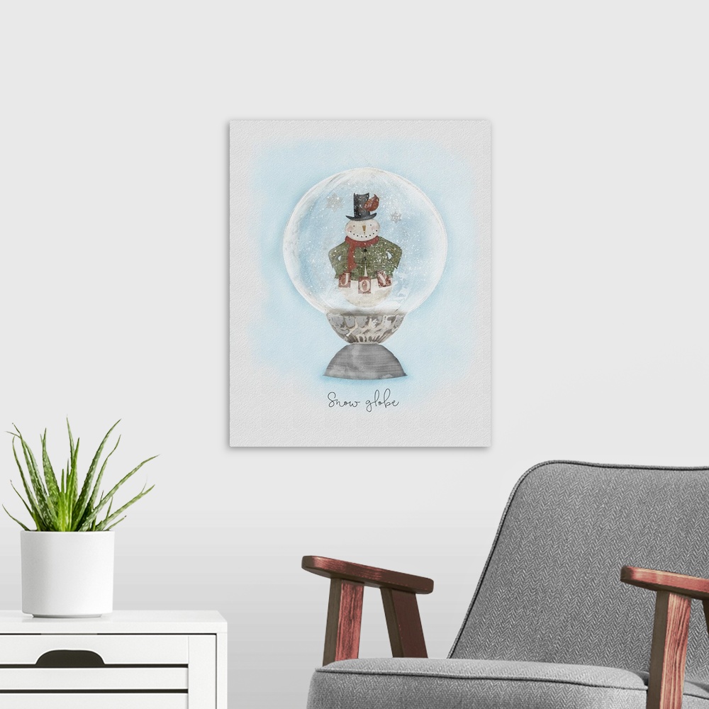 A modern room featuring Watercolor painting of a snowman inside a snow globe.