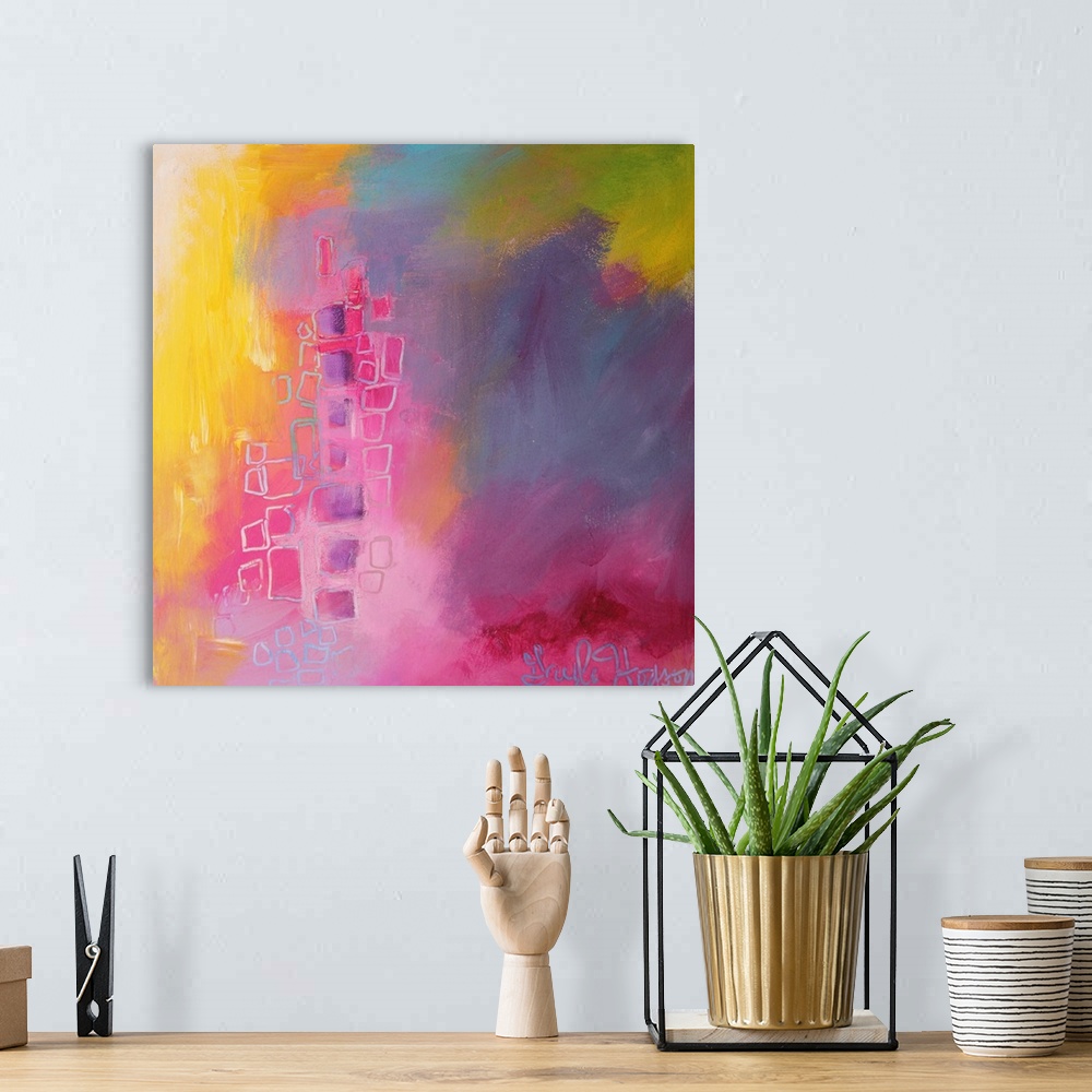 A bohemian room featuring Cheerful abstract painting in pink, purple, and yellow, with organic square shapes.