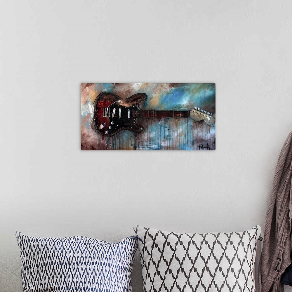 A bohemian room featuring Painting of a red electric guitar on an abstract background.