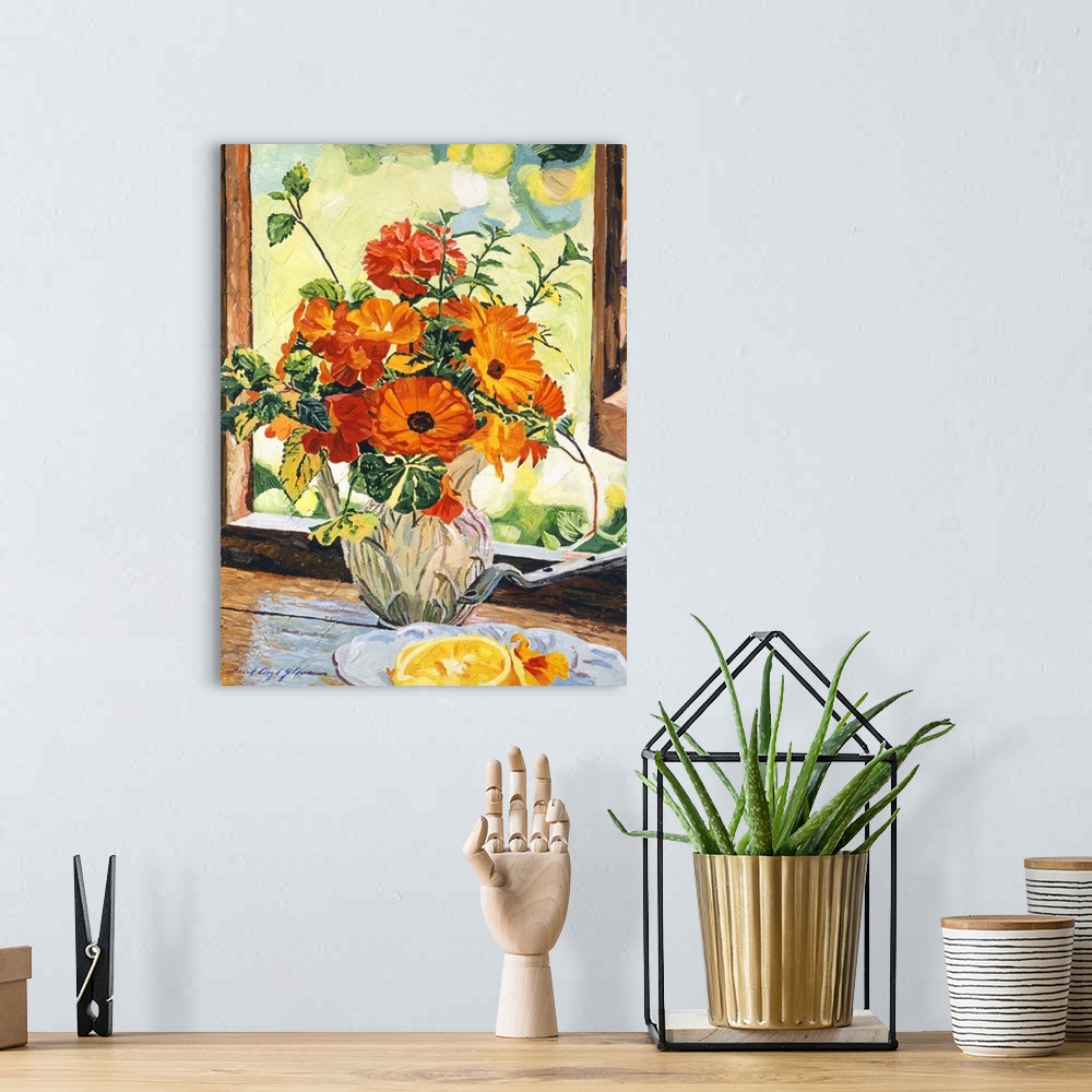 A bohemian room featuring Still life of flowers in an open window.