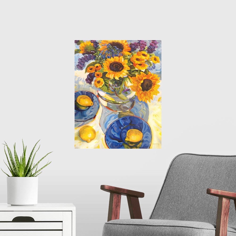 A modern room featuring Contemporary artwork of a bouquet of sunflowers in a vase.