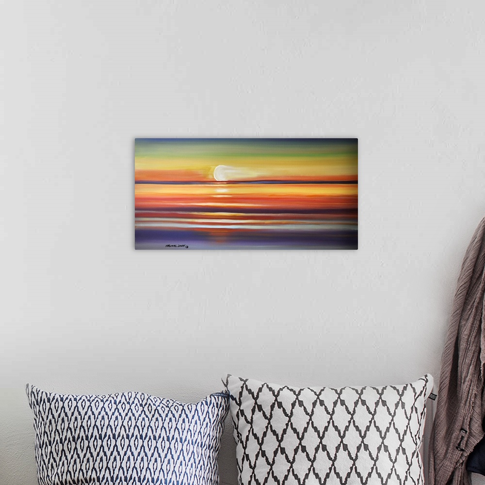 A bohemian room featuring Painting of the sun setting over the calm ocean.