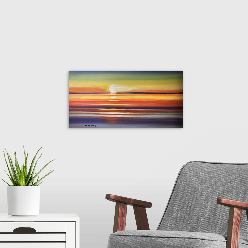 A modern room featuring Painting of the sun setting over the calm ocean.