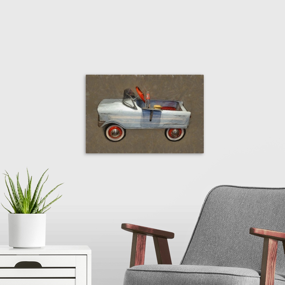 A modern room featuring Contemporary artwork of a children's pedal car.