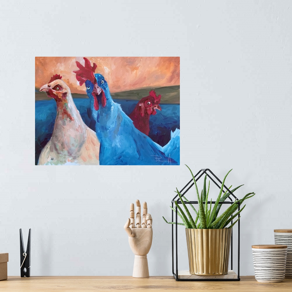 A bohemian room featuring Red, white, and blue chickens.