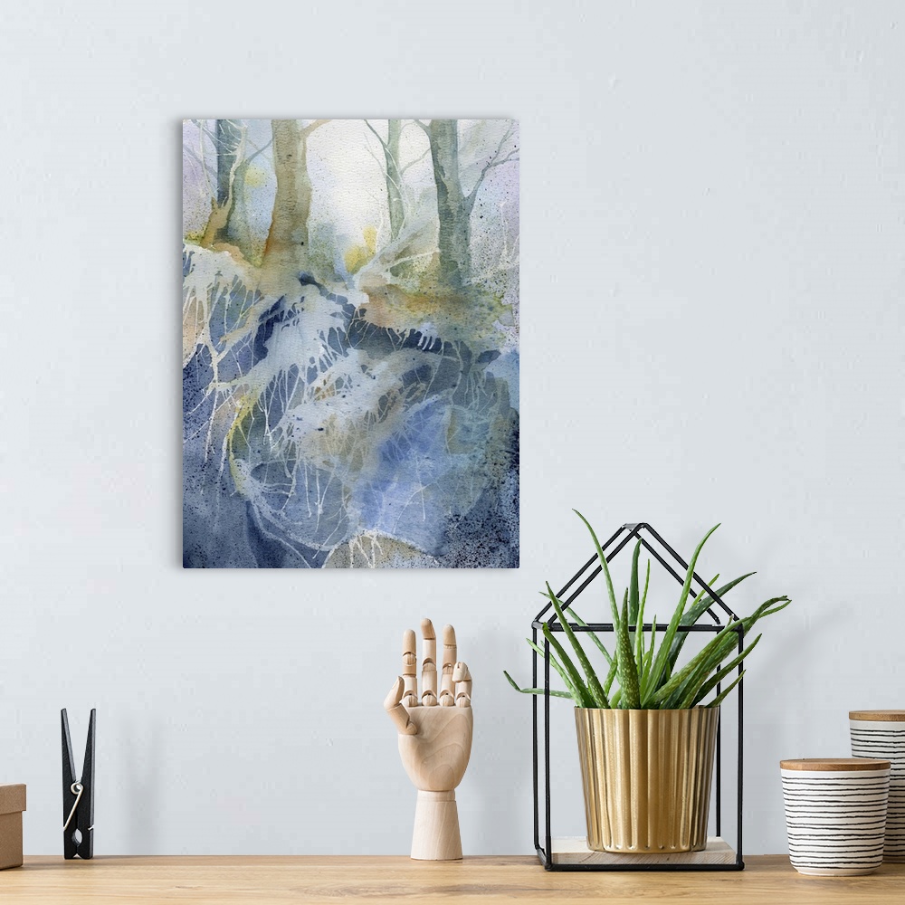 A bohemian room featuring Watercolor painting of a forest in shades of blue and green.