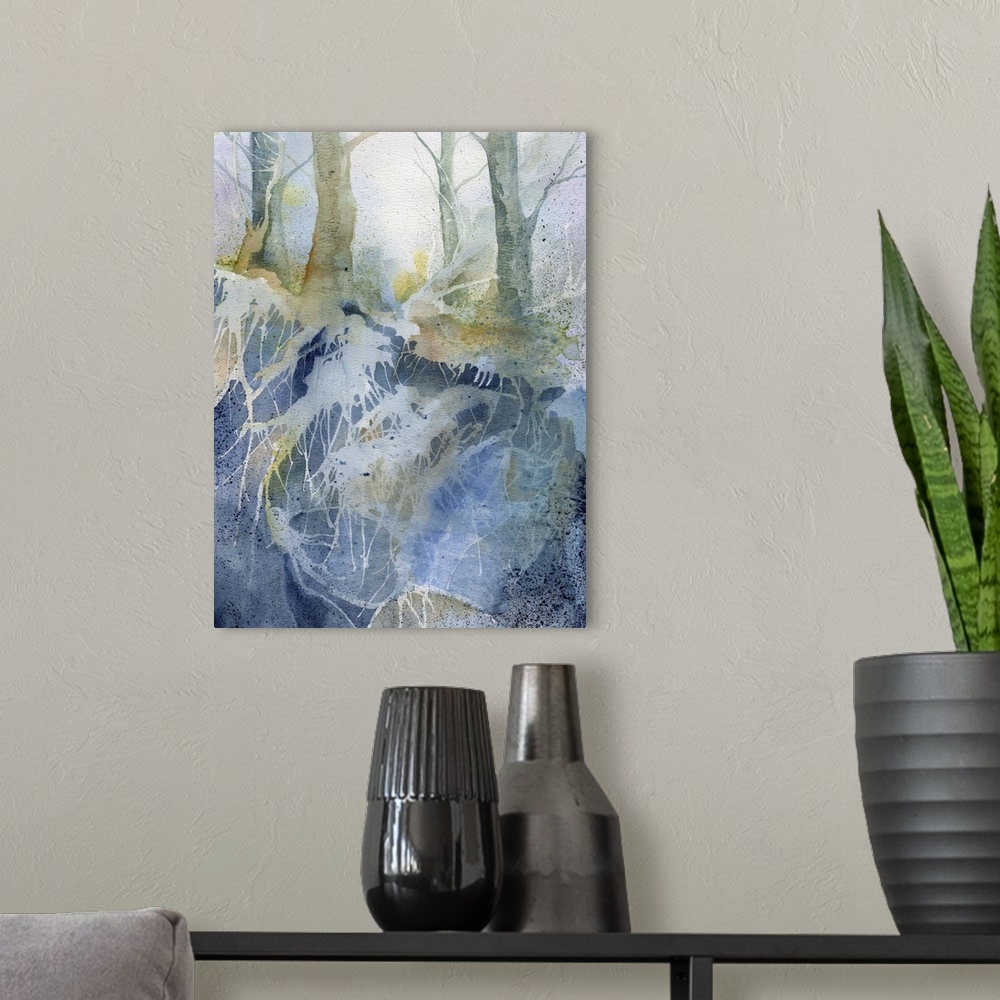 A modern room featuring Watercolor painting of a forest in shades of blue and green.