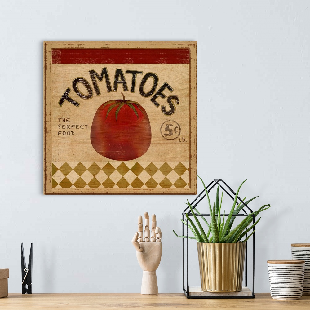 A bohemian room featuring A rustic sign for juicy tomatoes.