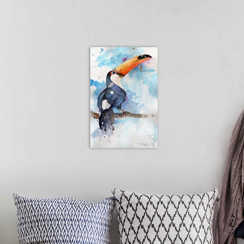 A bohemian room featuring Watercolor painting of a toco toucan on a branch.