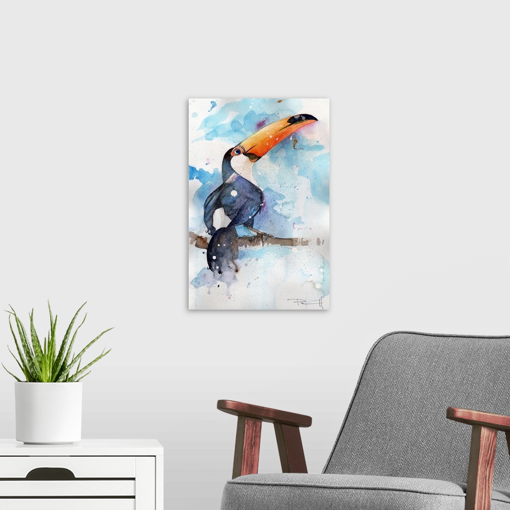 A modern room featuring Watercolor painting of a toco toucan on a branch.