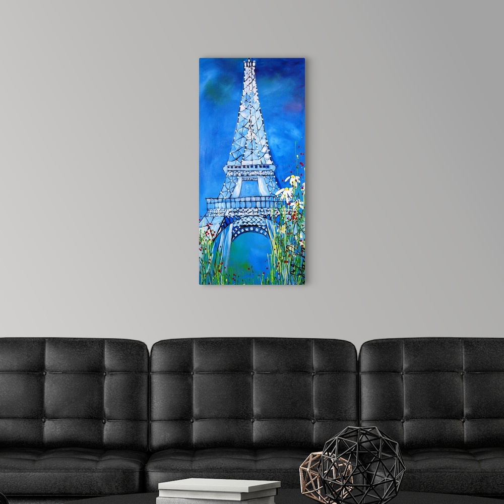 A modern room featuring Watercolor painting of the Eiffel Tower, framed by flowers.