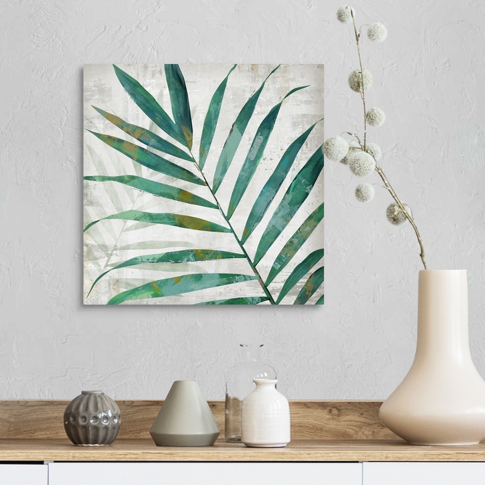A farmhouse room featuring A square artistic image of a blue and green fern leaf with a fade leaf in the background with spa...