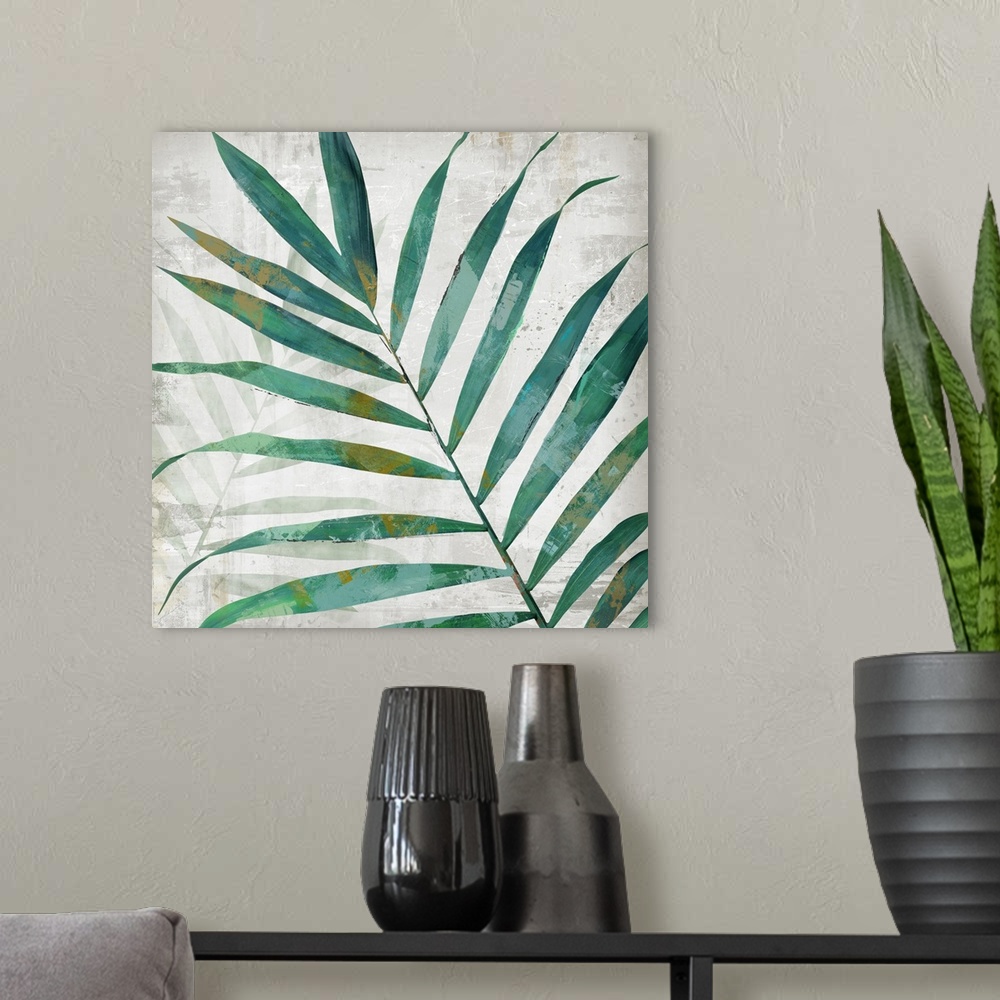 A modern room featuring A square artistic image of a blue and green fern leaf with a fade leaf in the background with spa...