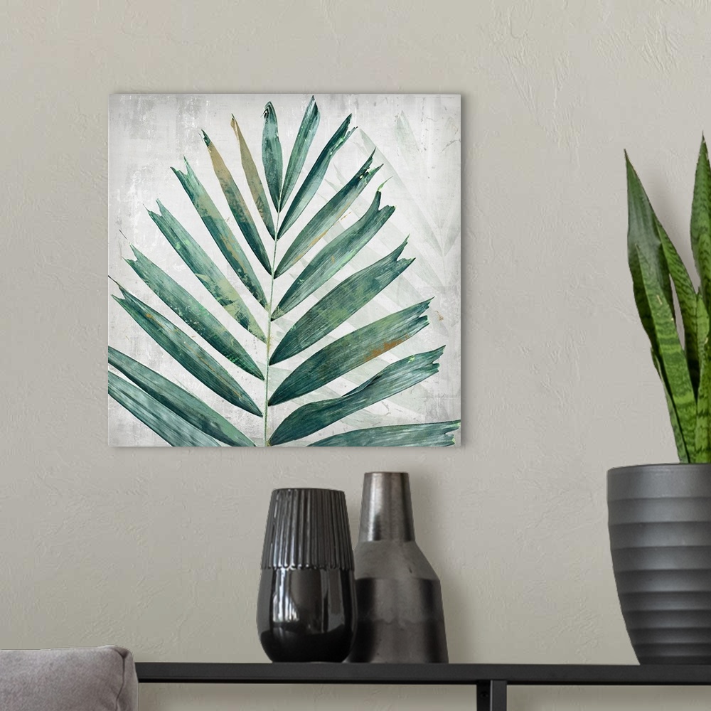 A modern room featuring A square artistic image of a blue and green fern leaf with a fade leaf in the background with spa...