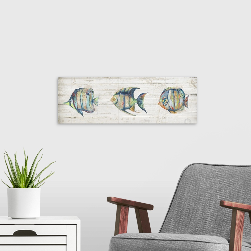 A modern room featuring Creative artwork of a row of three colorful fish with red speckled paint, on a faded neutral colo...