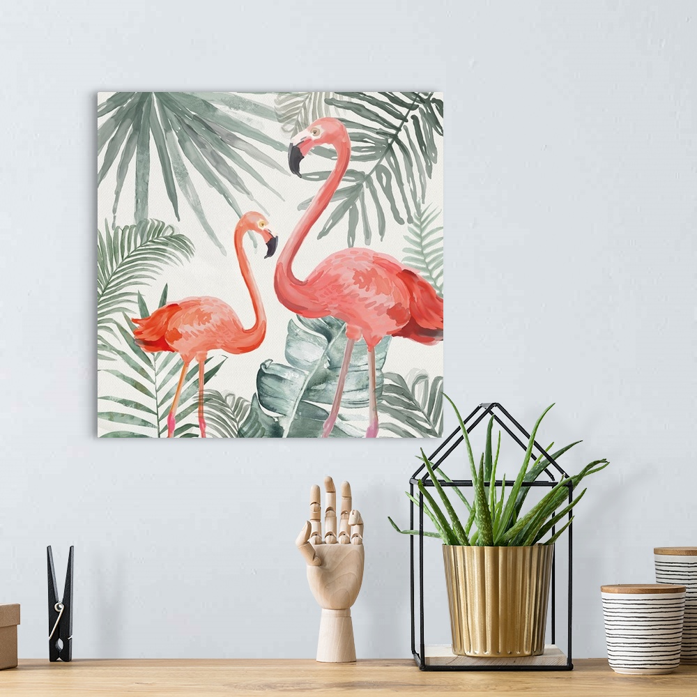 A bohemian room featuring Flamingos With Tropical Leaves