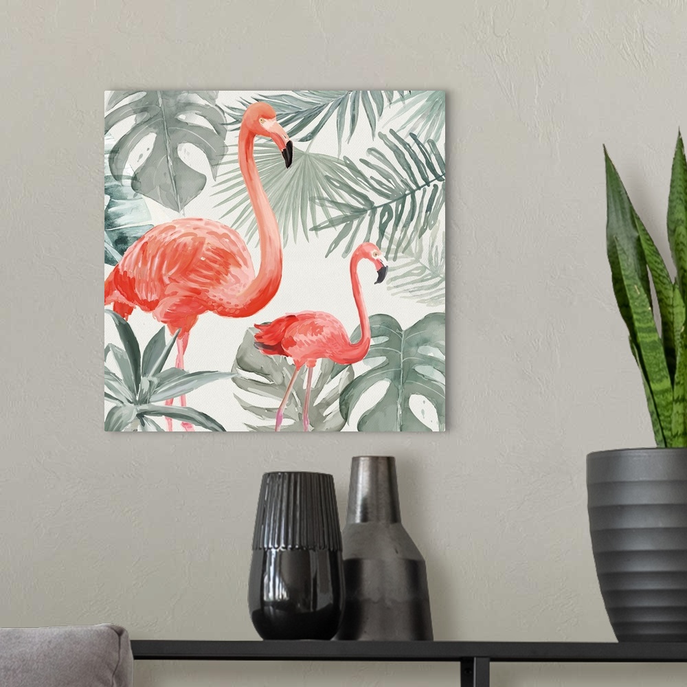 A modern room featuring Flamingos With Tropical Leaves