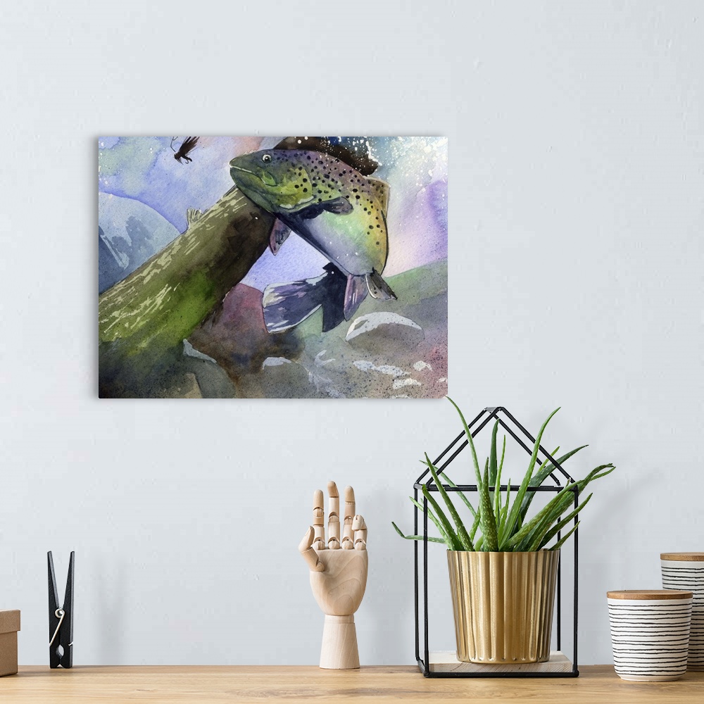 A bohemian room featuring Painting of a rainbow trout underwater trying to catch a lure.