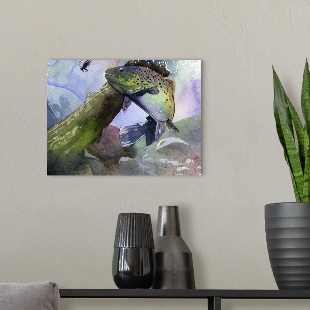 A modern room featuring Painting of a rainbow trout underwater trying to catch a lure.