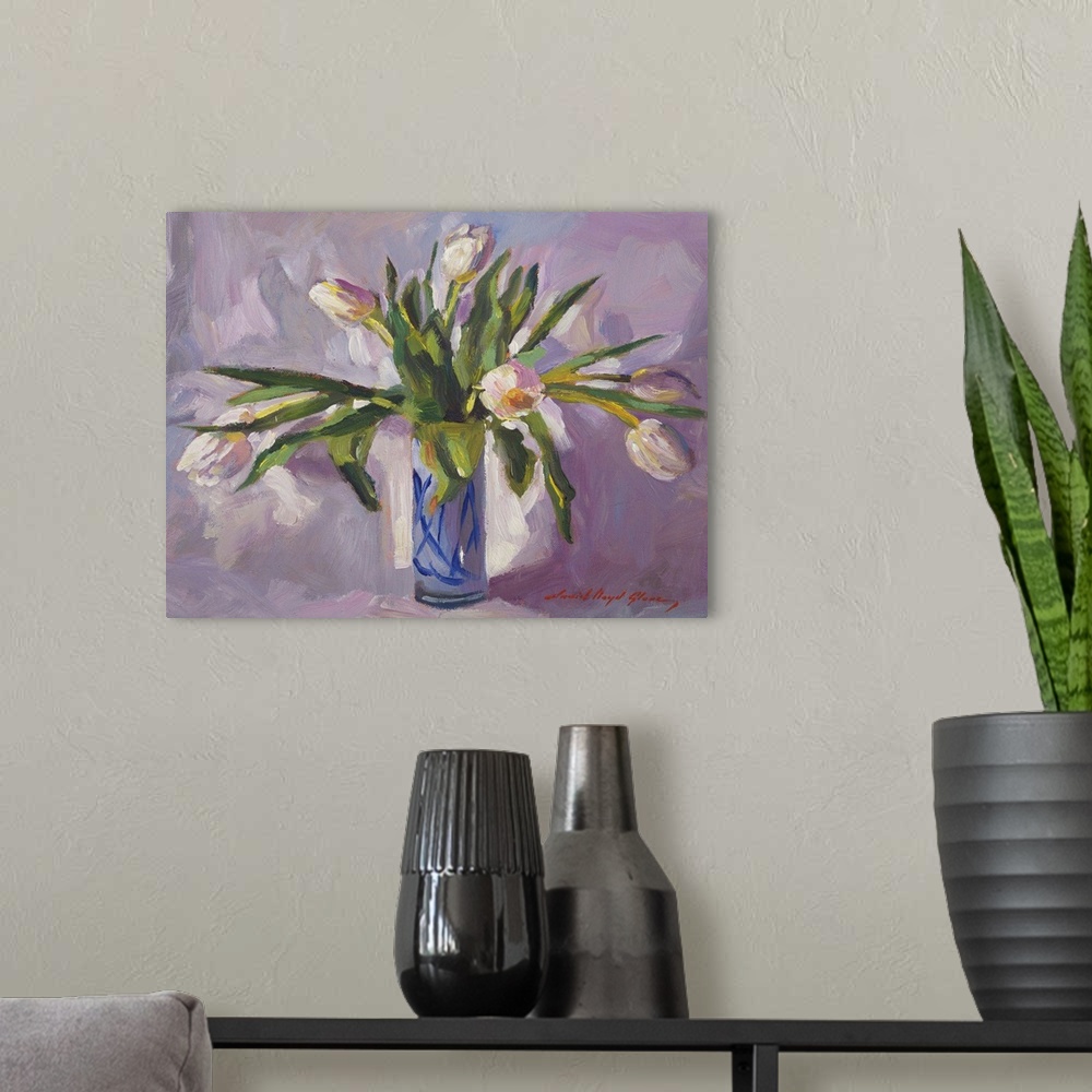 A modern room featuring Contemporary painting of a blue vase full of long-stemmed tulips.