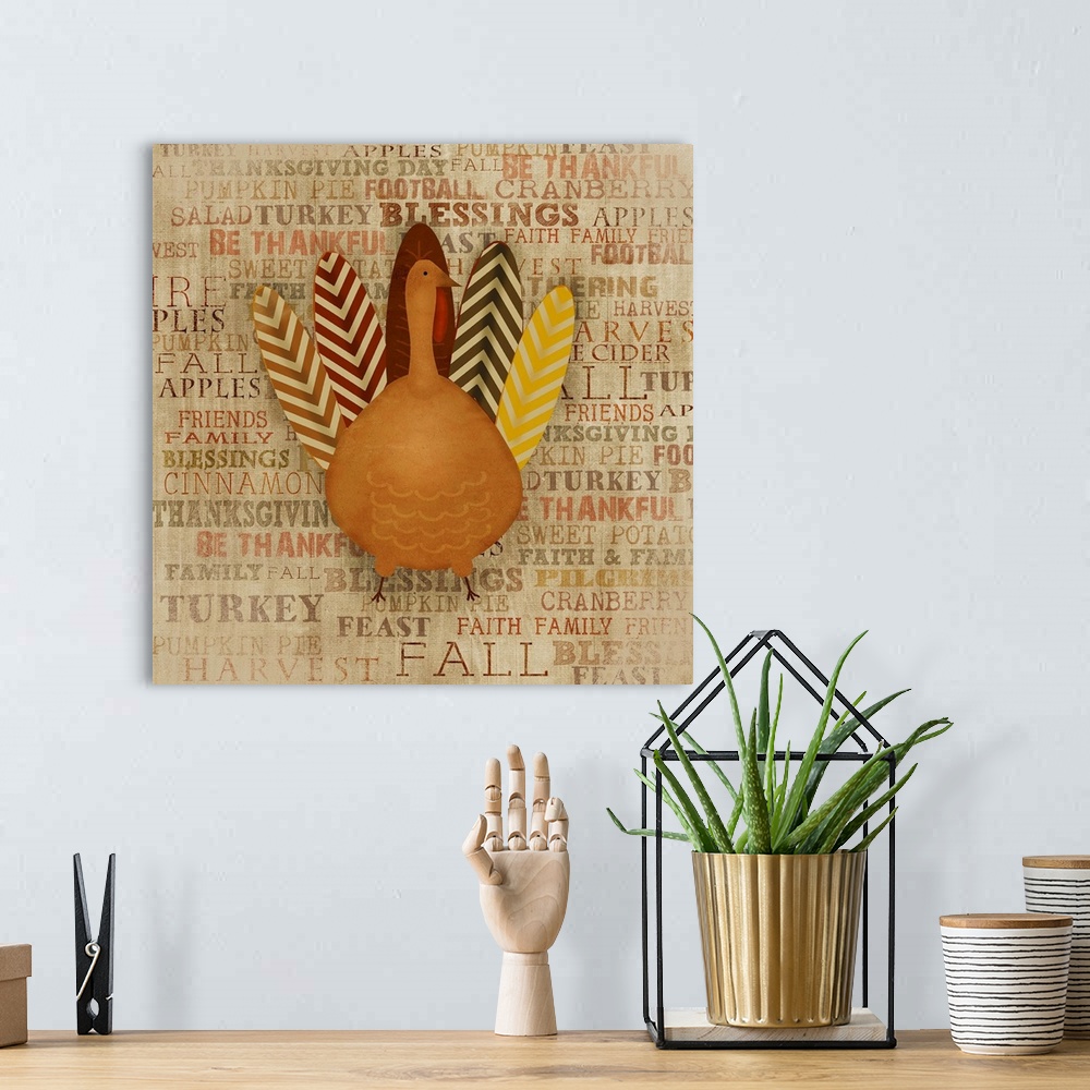 A bohemian room featuring Thanksgiving decor featuring a simple turkey with patterned feathers.