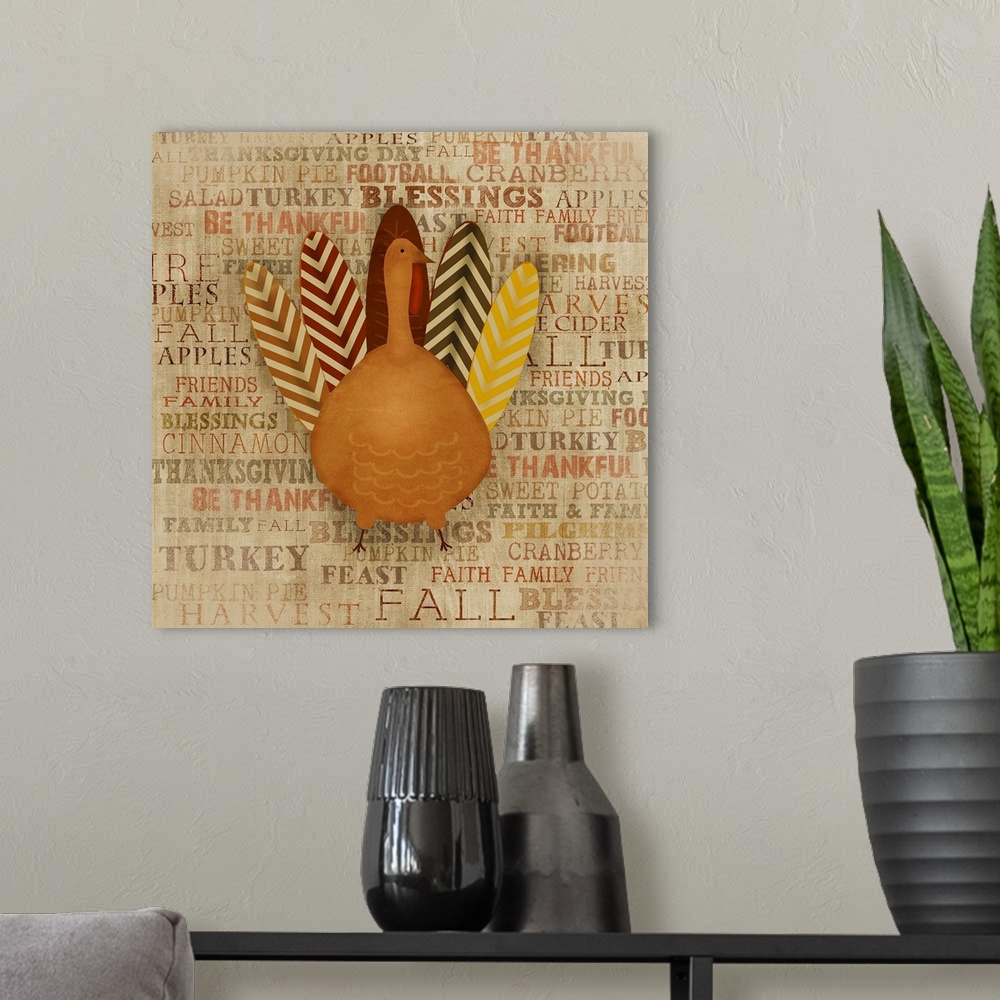 A modern room featuring Thanksgiving decor featuring a simple turkey with patterned feathers.
