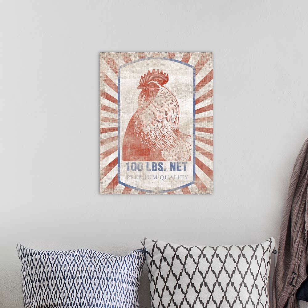 A bohemian room featuring Illustration of an advertisement for chicken feed with a vintage effect.