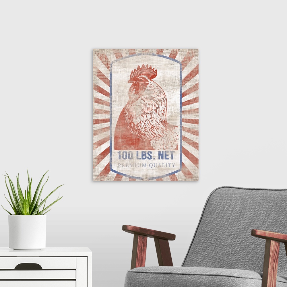 A modern room featuring Illustration of an advertisement for chicken feed with a vintage effect.