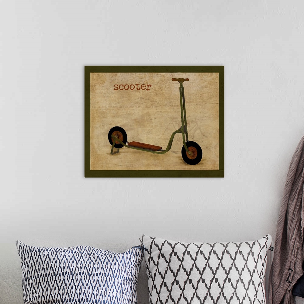 A bohemian room featuring Vintage Riding Toy Scooter