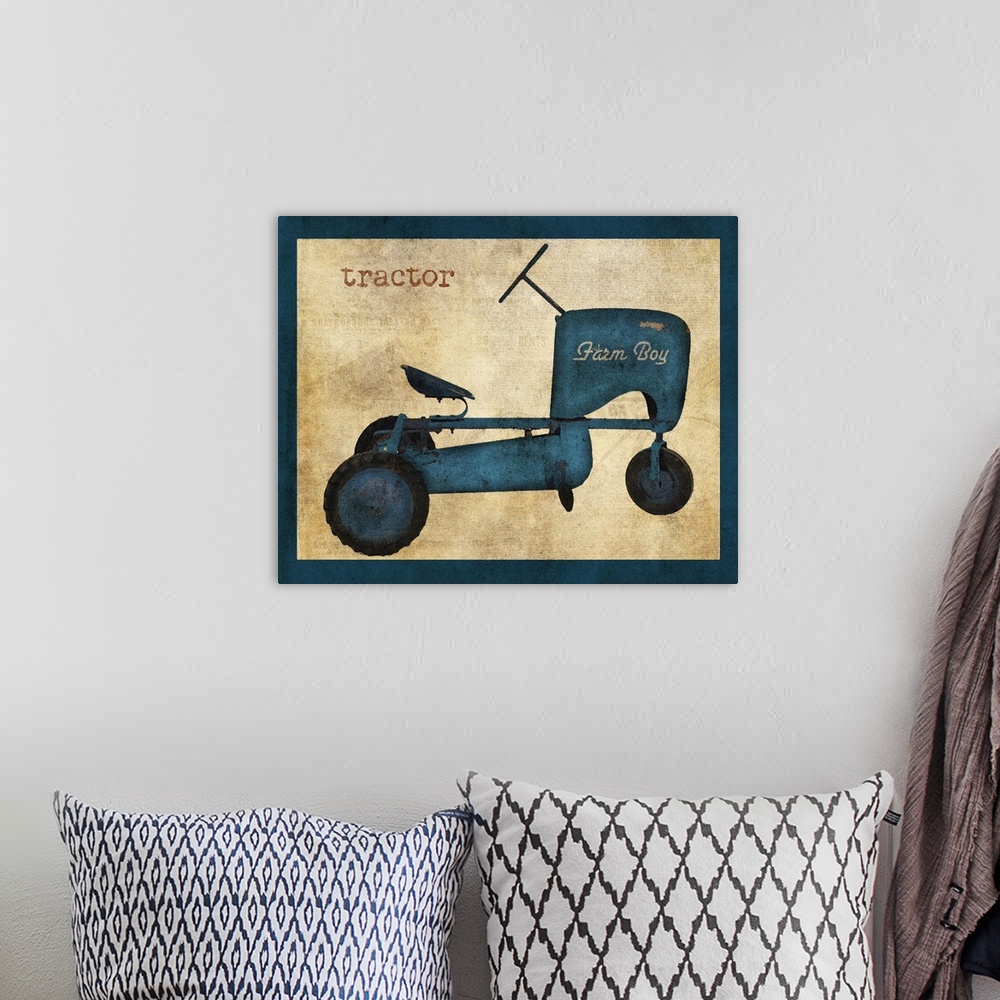 A bohemian room featuring Vintage Riding Toy Tractor