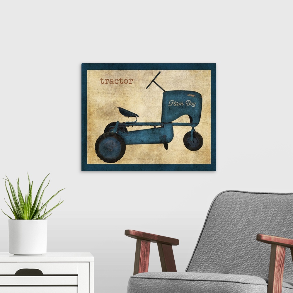A modern room featuring Vintage Riding Toy Tractor