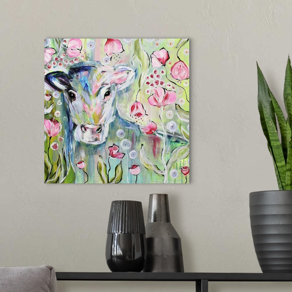 A modern room featuring Painting of a calf hiding among pink flowers.