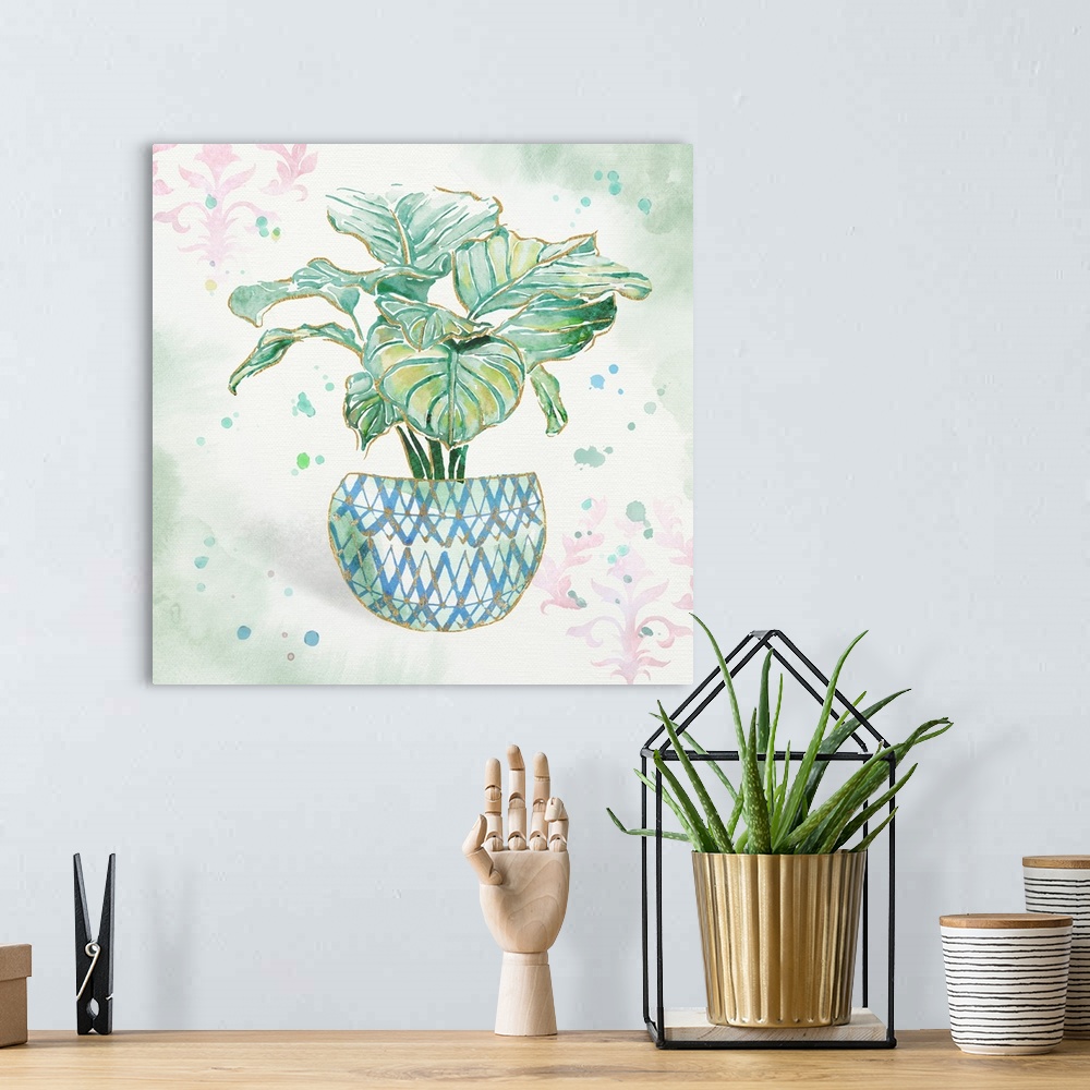 A bohemian room featuring A watercolor painting of a cactus in a colorful patterned flowerpot with gold accents.