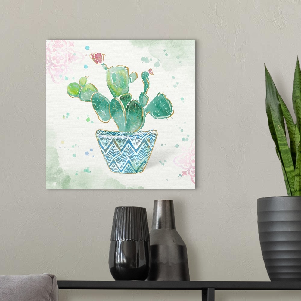 A modern room featuring A watercolor painting of a cactus in a colorful patterned flowerpot with gold accents.