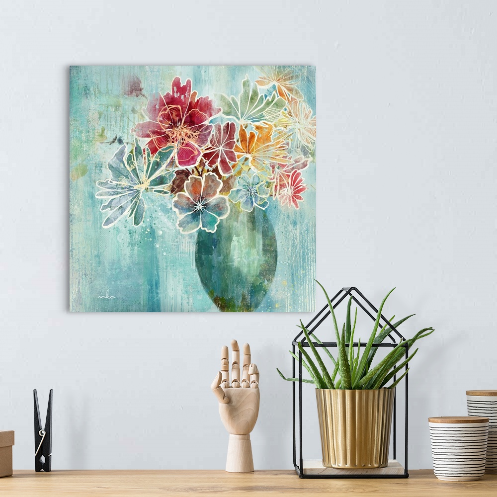 A bohemian room featuring Artistic square painting of a vase full of colorful flowers outlined in white on a blue backgroun...