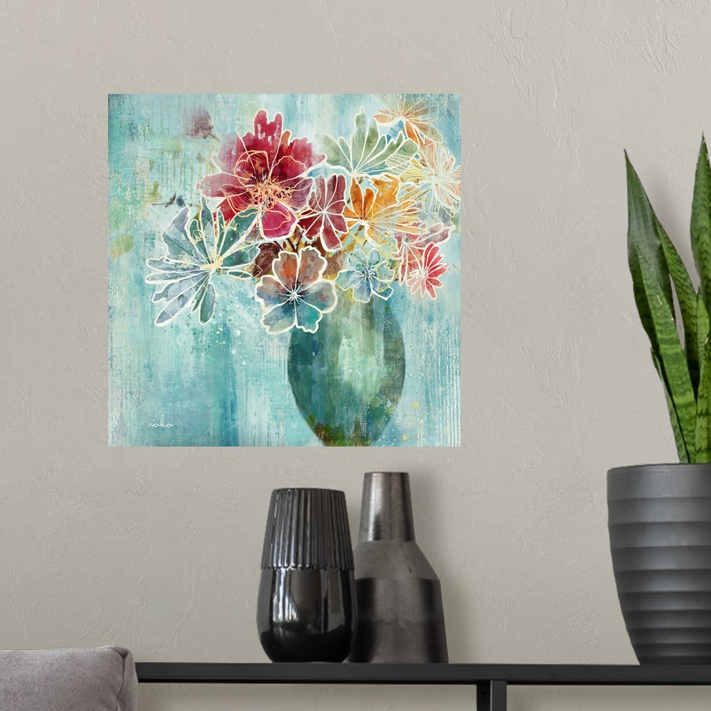 A modern room featuring Artistic square painting of a vase full of colorful flowers outlined in white on a blue backgroun...