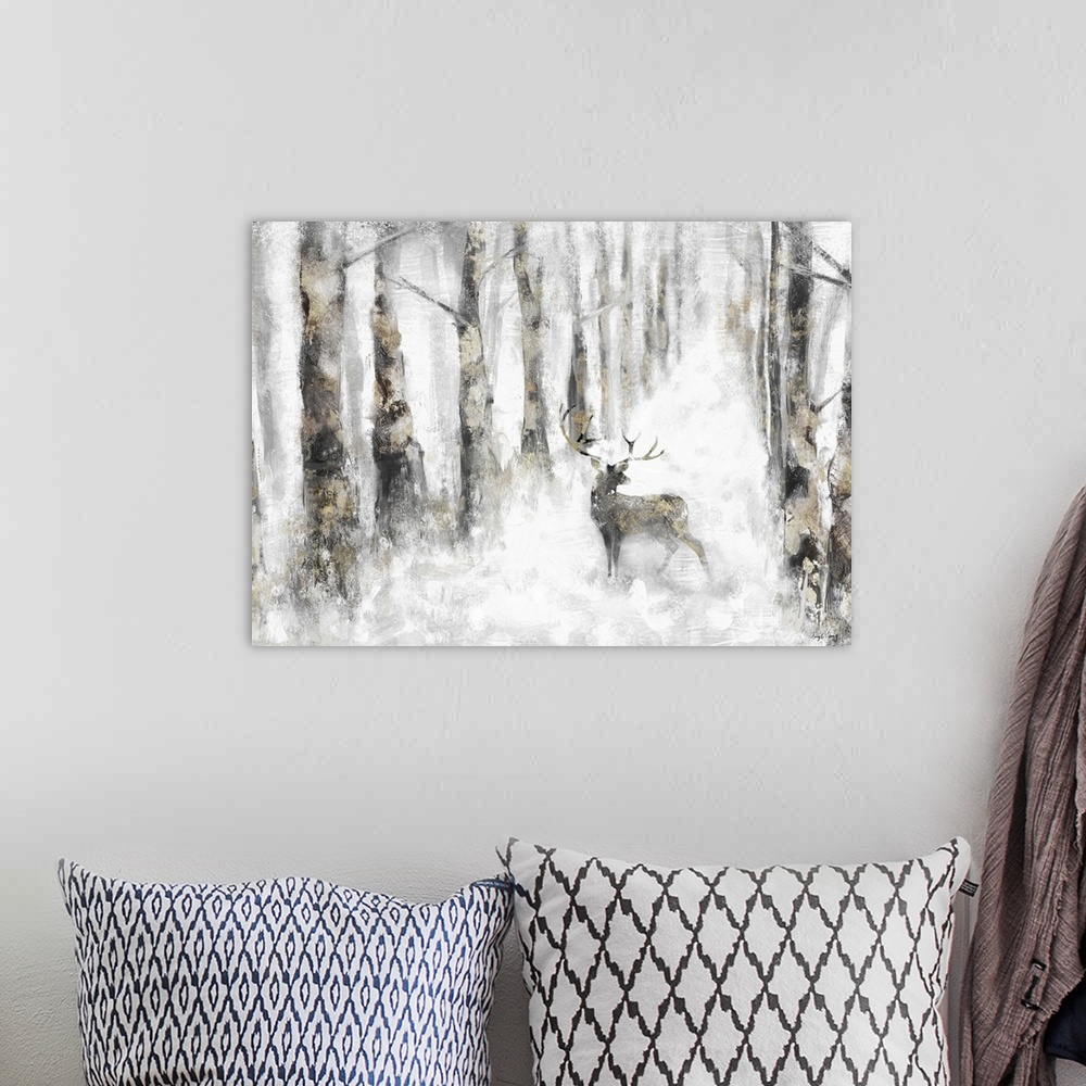 A bohemian room featuring Contemporary painting of deer in a forest of gray and gold which fade in the distance.