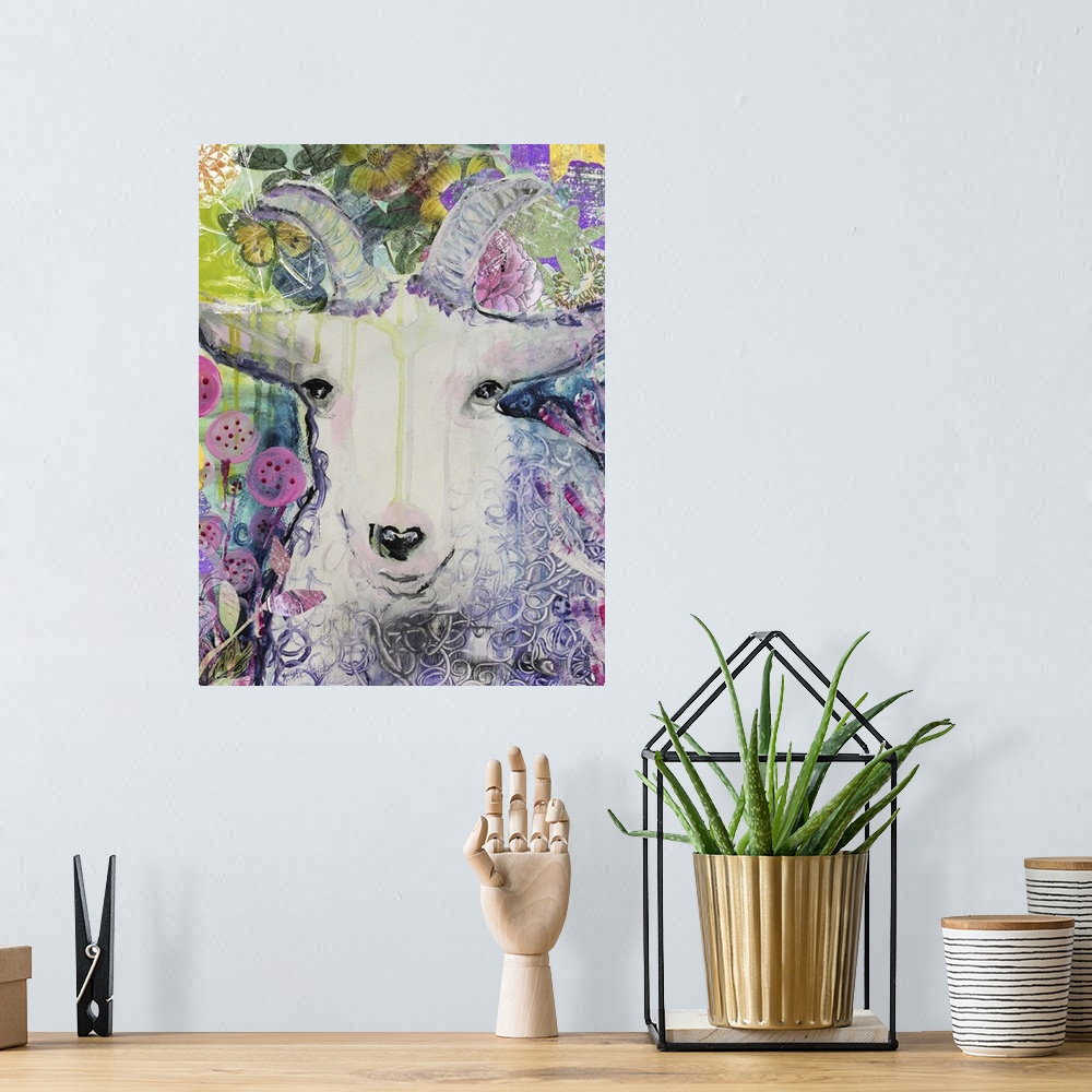 A bohemian room featuring Watercolor portrait of a white goat surrounded by flowers.