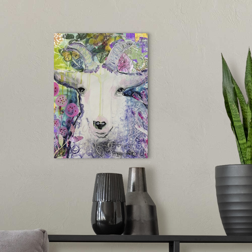 A modern room featuring Watercolor portrait of a white goat surrounded by flowers.