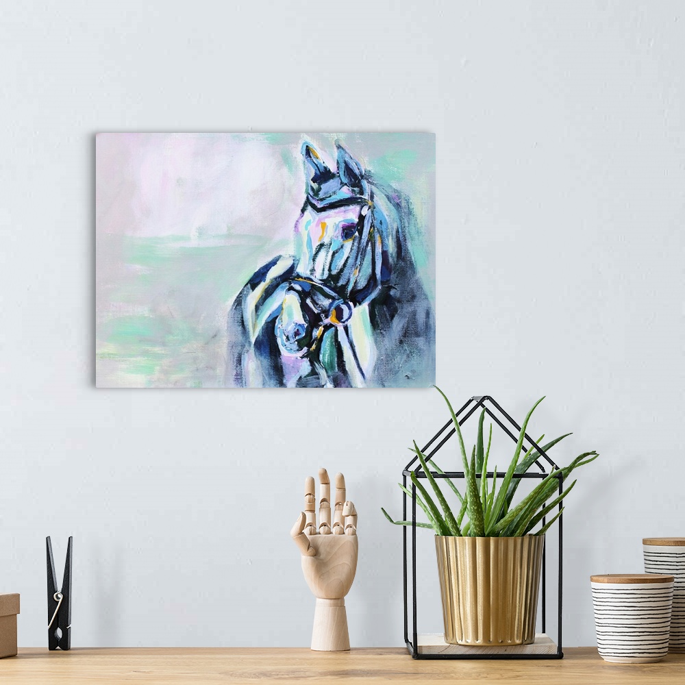 A bohemian room featuring Serene painting of a horse wearing a bridle in shades of blue and sea green.
