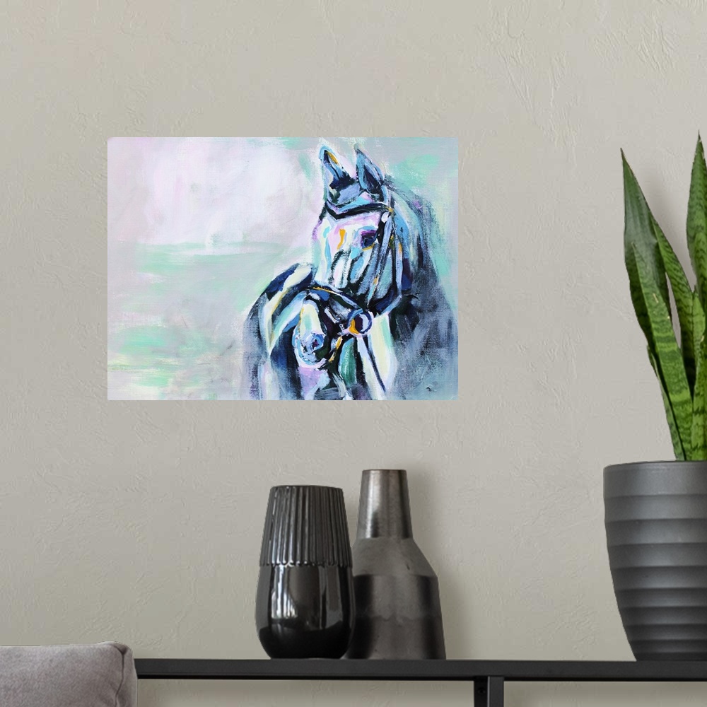 A modern room featuring Serene painting of a horse wearing a bridle in shades of blue and sea green.