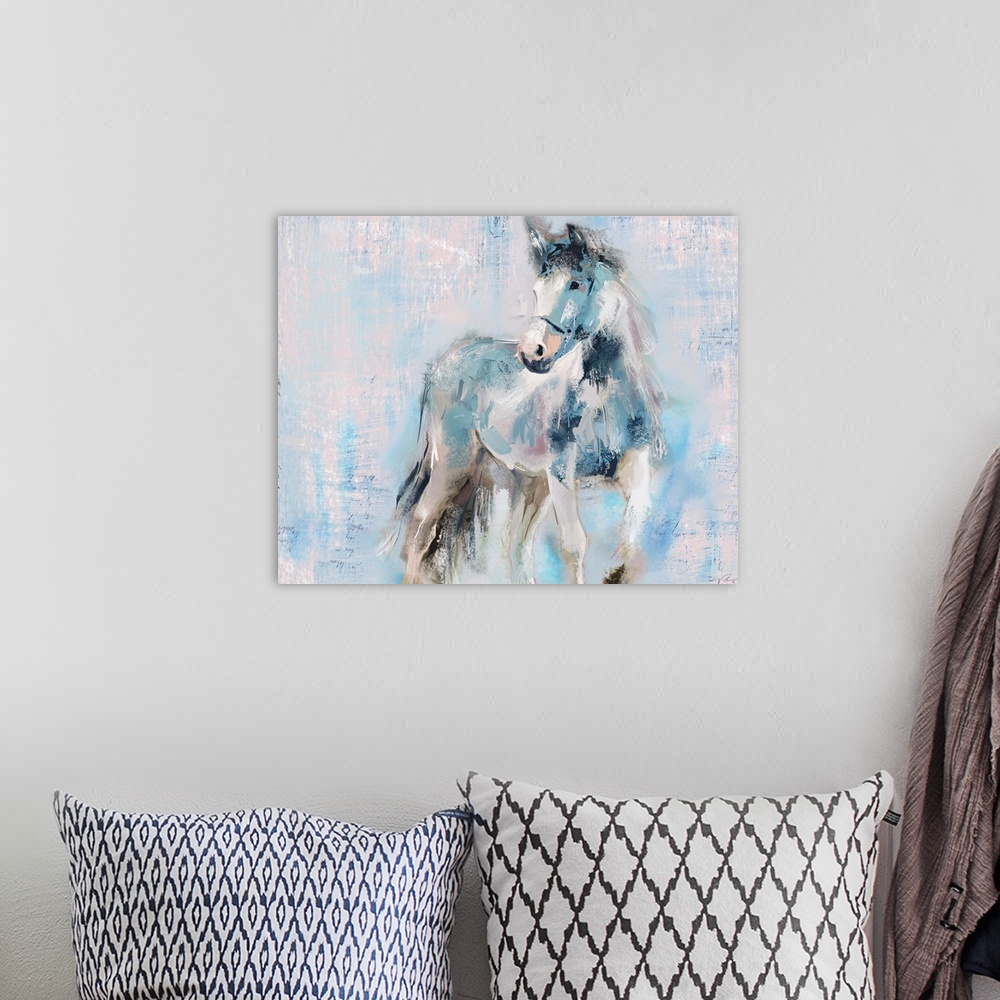 A bohemian room featuring A large painting of a horse done in blue, white and pink hues with a glimpse of small handwritten...