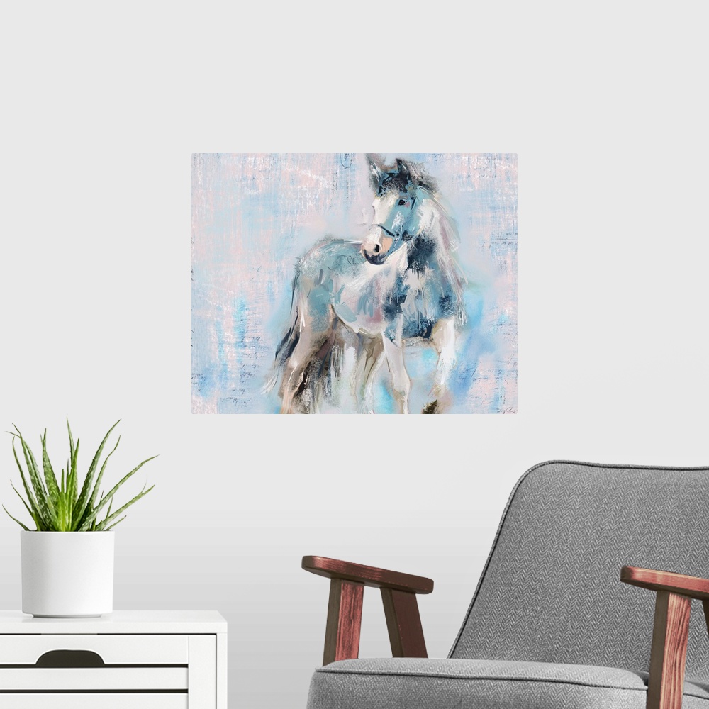 A modern room featuring A large painting of a horse done in blue, white and pink hues with a glimpse of small handwritten...